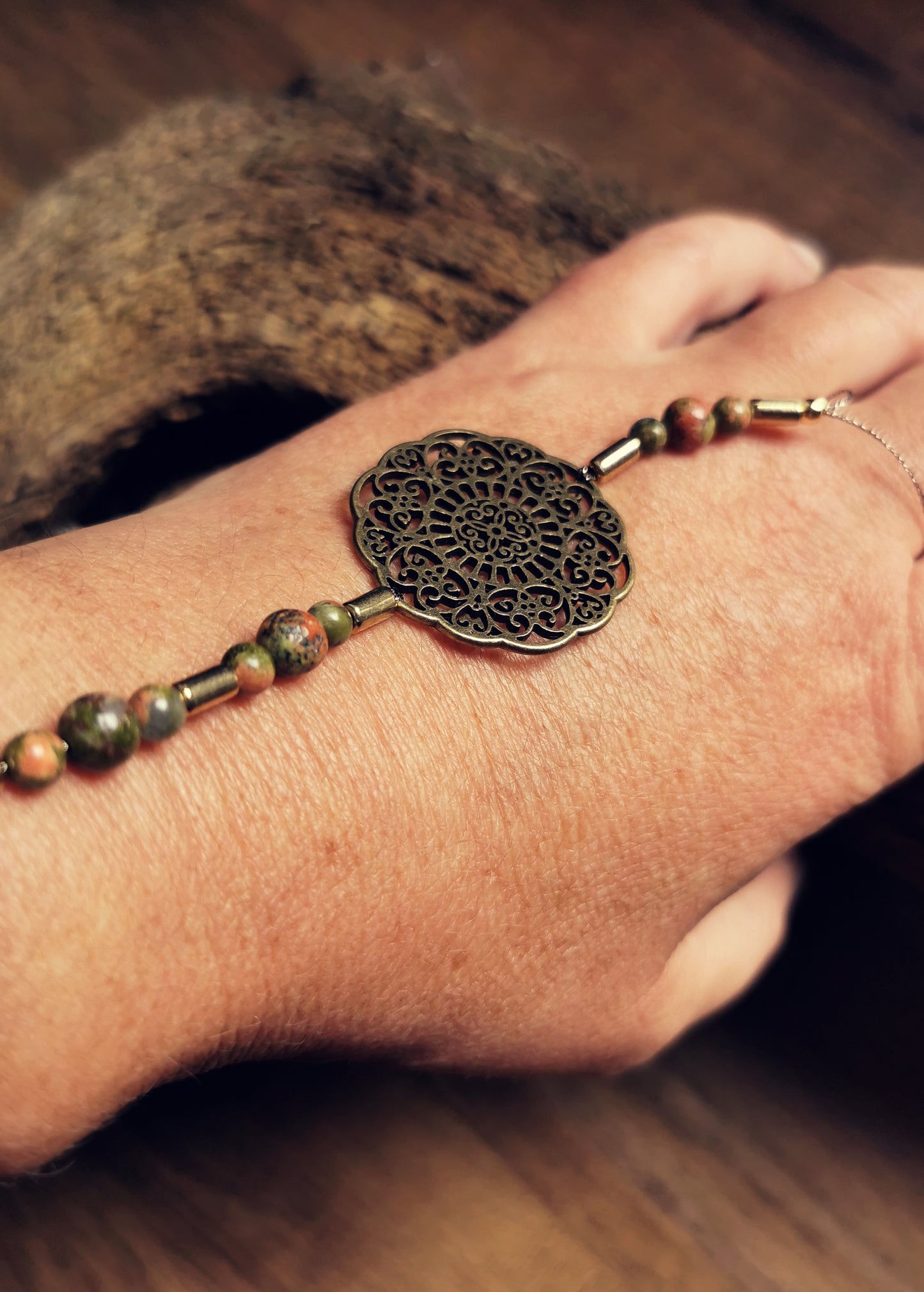 GAYA ELEMENTS – Ankle & Wrist Bracelet with Unakite and Mandala Brass Accent